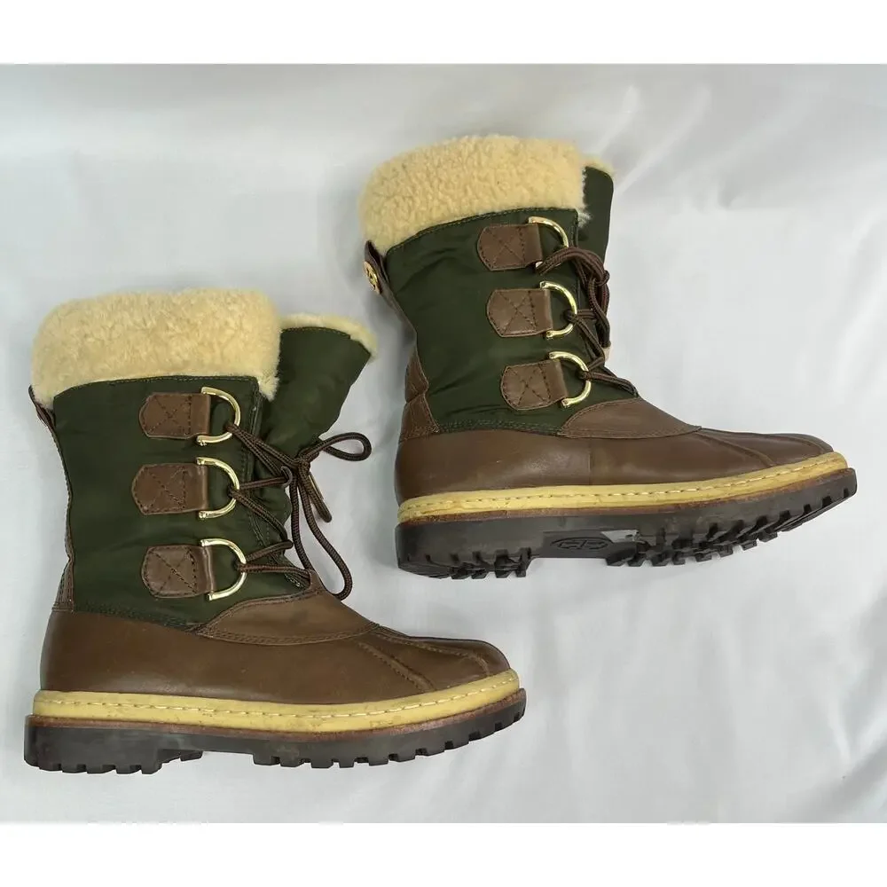 Tory Burch Duck Boots Nylon Leather Lace Up Sherling Womens 7 1/2